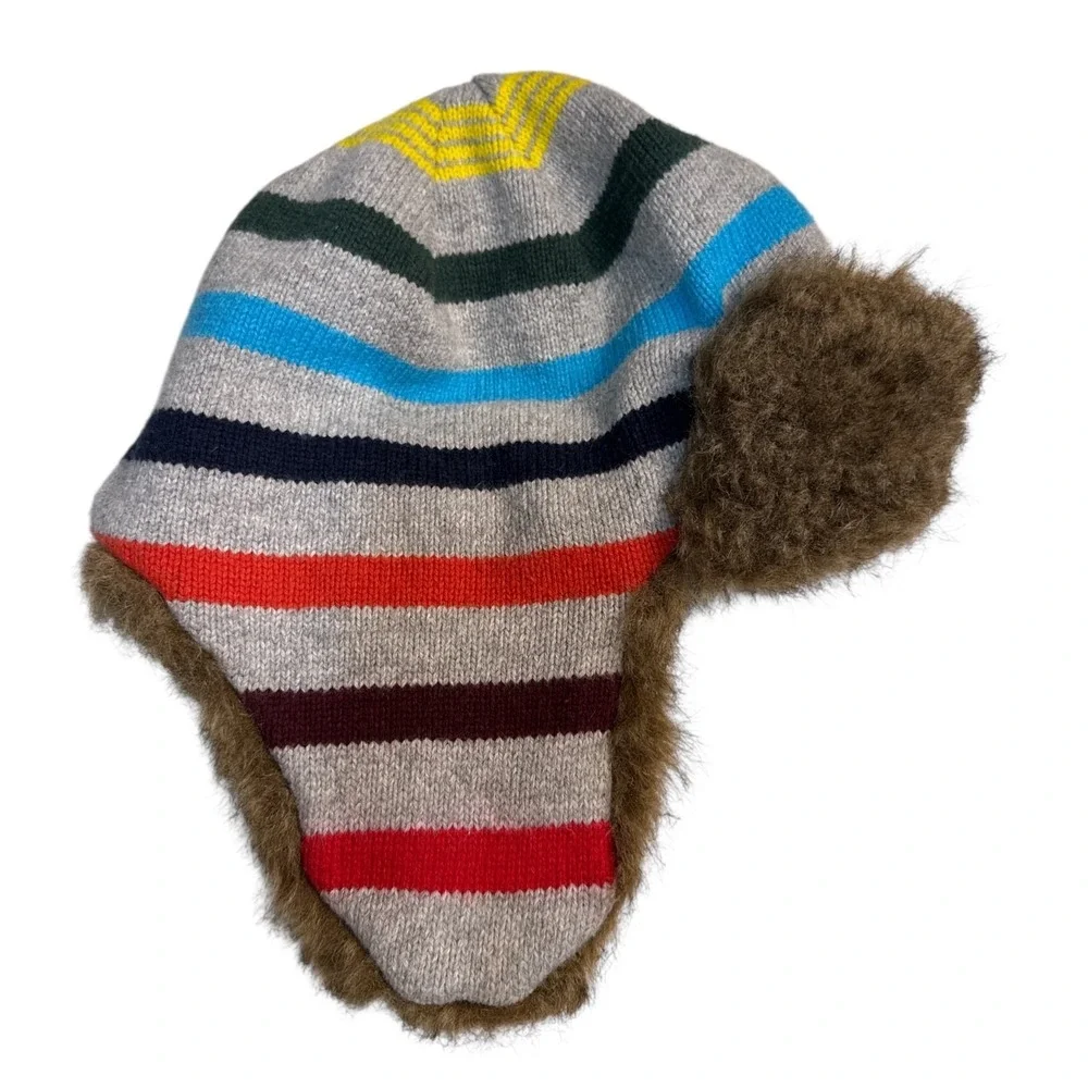 Baby Gap Striped Knit Winter Trapper Hat Gray S/M Faux Fur Ear Flaps Winter Cozy